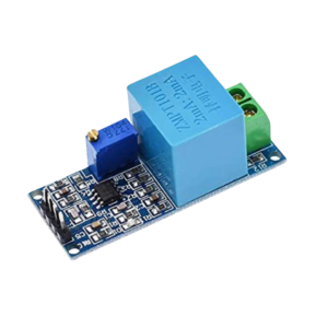 AC Voltage Sensor Module ZMPT101B shown with pin headers and printed specifications.