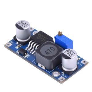 LM2596S DC-DC Buck Converter Power Supply module on a white background, emphasizing its compact design and electrical connections.