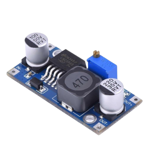 LM2596S DC-DC Buck Converter Power Supply module on a white background, emphasizing its compact design and electrical connections.