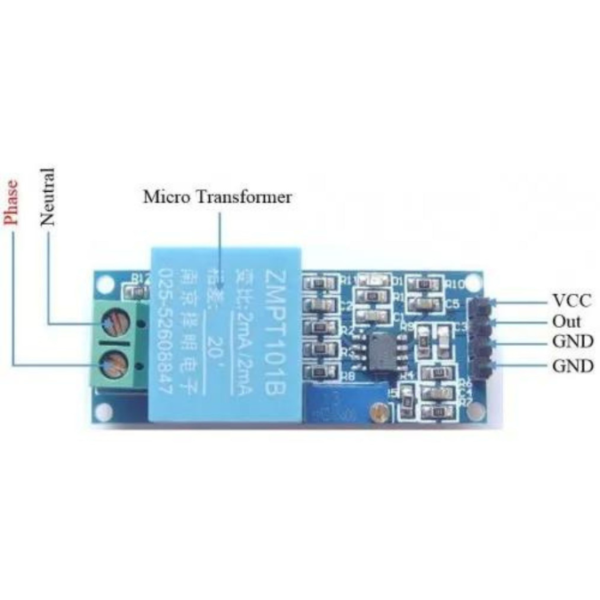 AC Voltage Sensor Module ZMPT101B shown with pin headers and printed specifications.