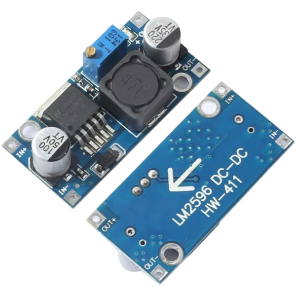 LM2596S DC-DC Buck Converter Power Supply module on a white background, emphasizing its compact design and electrical connections.
