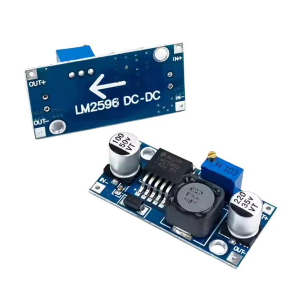 LM2596S DC-DC Buck Converter Power Supply module on a white background, emphasizing its compact design and electrical connections.