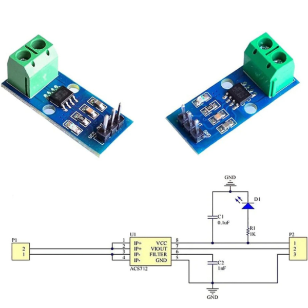 Image of ACS712 30A Range Current Sensor Module, highlighting its compact design and terminal connectors.