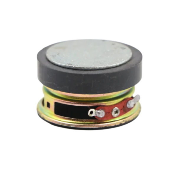 Close-up of a round, black 40mm speaker rated at 4 Ohms and 3 Watts, featuring an external magnet on the back.