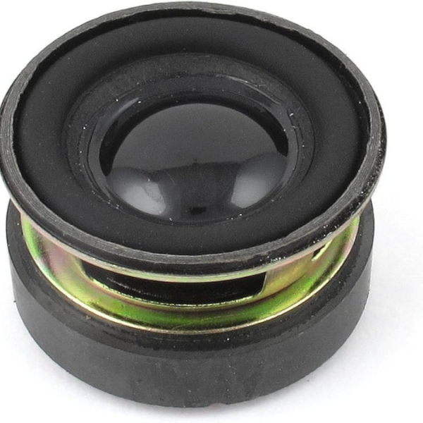 Close-up of a round, black 40mm speaker rated at 4 Ohms and 3 Watts, featuring an external magnet on the back.