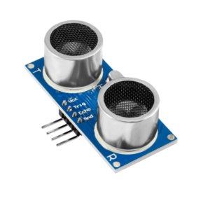 HC-SR04 Ultrasonic Distance Sensor Module positioned on a white background, showing front view with visible pin labels.