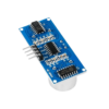 HC-SR04 Ultrasonic Distance Sensor Module positioned on a white background, showing front view with visible pin labels.