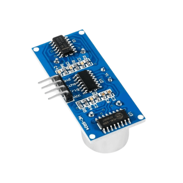 HC-SR04 Ultrasonic Distance Sensor Module positioned on a white background, showing front view with visible pin labels.