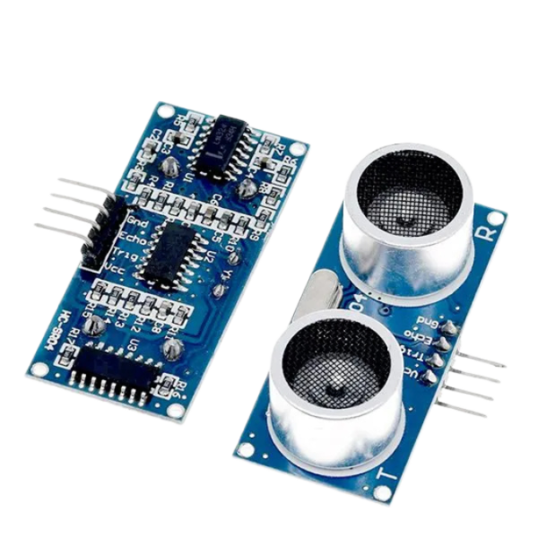 HC-SR04 Ultrasonic Distance Sensor Module positioned on a white background, showing front view with visible pin labels.