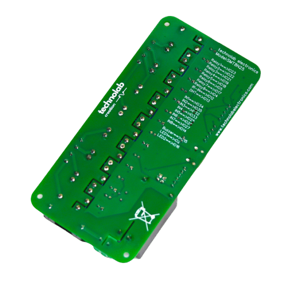 SMT8N25 ESP32 8-Channel Home-Automation PCB, top view with USB-C port, eight relays, JST sensor headers, and screw terminals