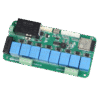 SMT8N25 ESP32 8-Channel Home-Automation PCB, top view with USB-C port, eight relays, JST sensor headers, and screw terminals