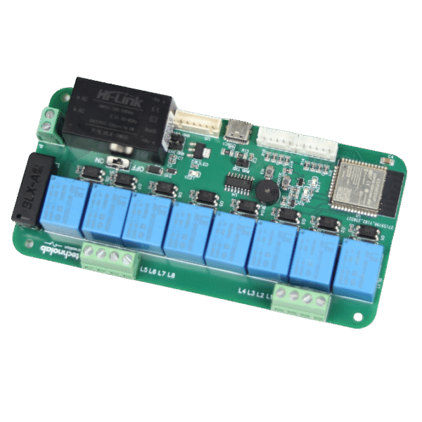 SMT8N25 ESP32 8-Channel Home-Automation PCB, top view with USB-C port, eight relays, JST sensor headers, and screw terminals