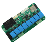SMT8N25 ESP32 8-Channel Home-Automation PCB, top view with USB-C port, eight relays, JST sensor headers, and screw terminals