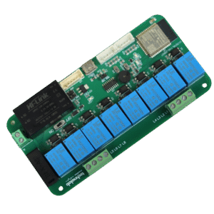 SMT8N25 ESP32 8-Channel Home-Automation PCB, top view with USB-C port, eight relays, JST sensor headers, and screw terminals