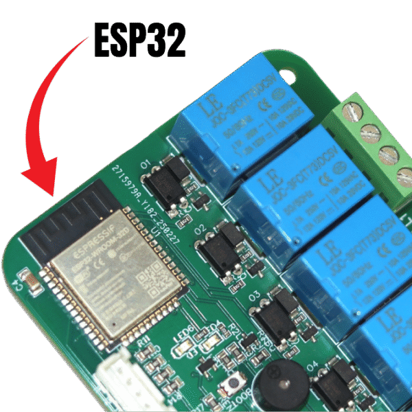SMT8N25 ESP32 8-Channel Home-Automation PCB, top view with USB-C port, eight relays, JST sensor headers, and screw terminals