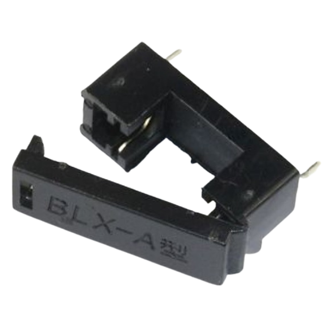 BLX-A 20mm PCB Mount Fuse Holder - front and side view showing fuse insertion slot