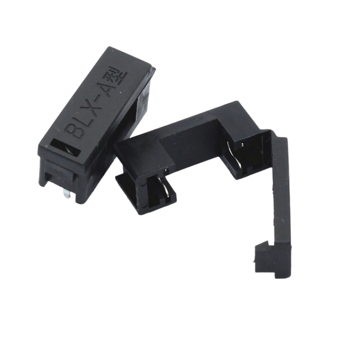 BLX-A 20mm PCB Mount Fuse Holder - front and side view showing fuse insertion slot